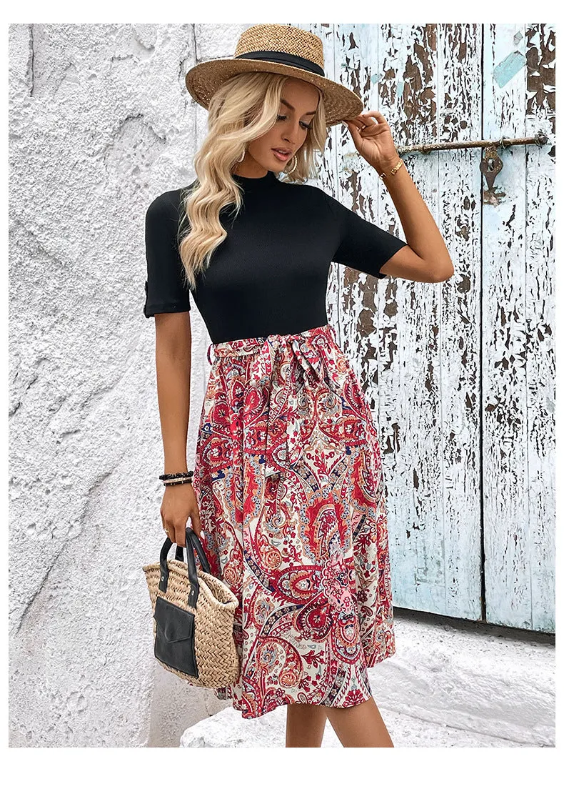 A-Skirt Solid Color Printed Patchwork Dress