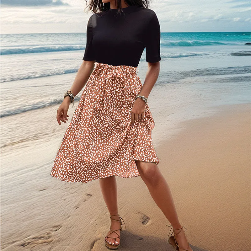 A-Skirt Solid Color Printed Patchwork Dress
