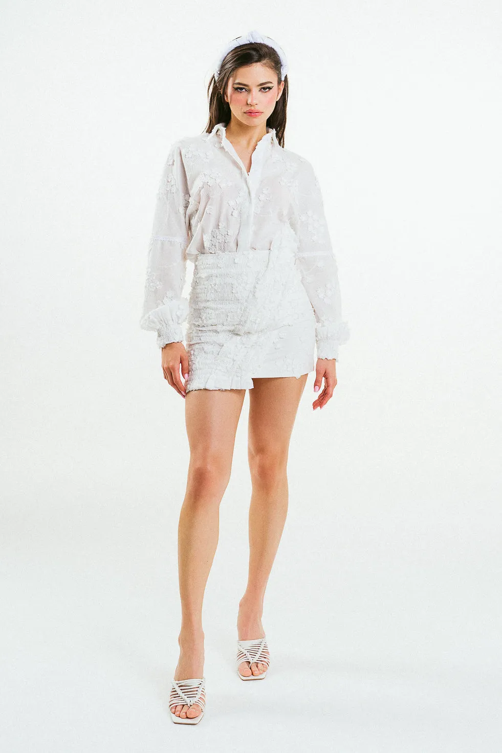 'ADELINE' White 3D Flower Embroidered Cotton Shirt