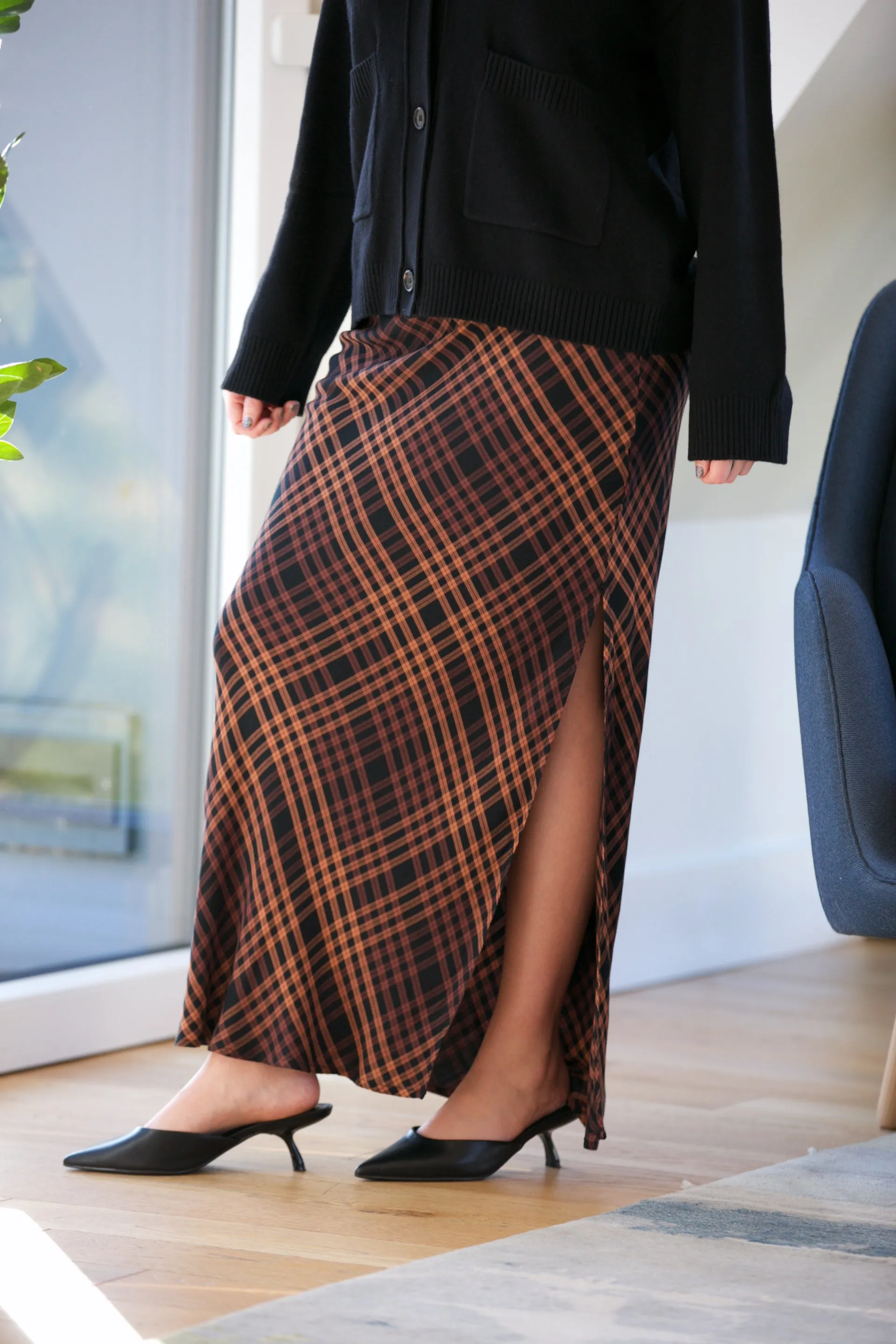Bella Dahl Side Slit Bias Maxi Skirt in Autumn Ember Plaid