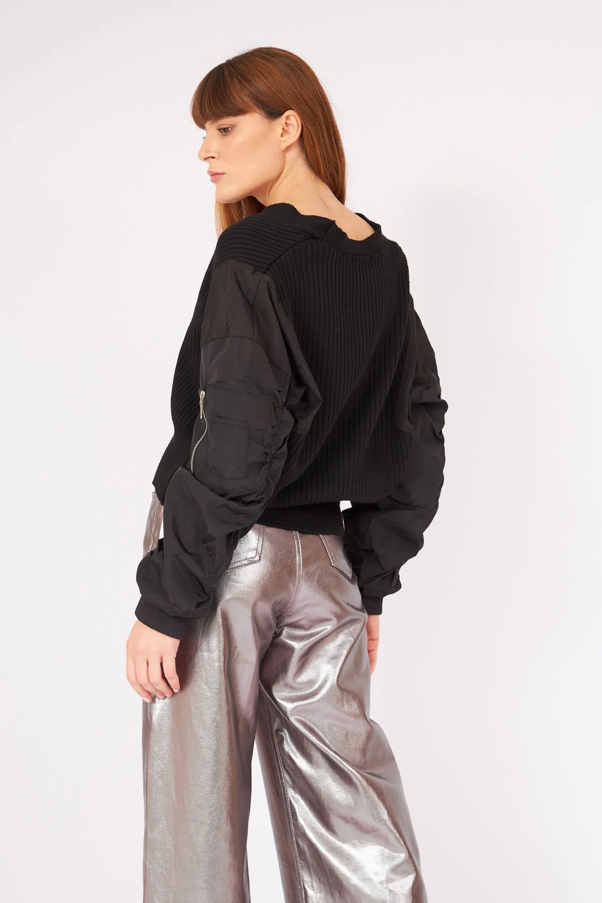 Black Knitwear Cardigan With Parachute Stitched Sleeves