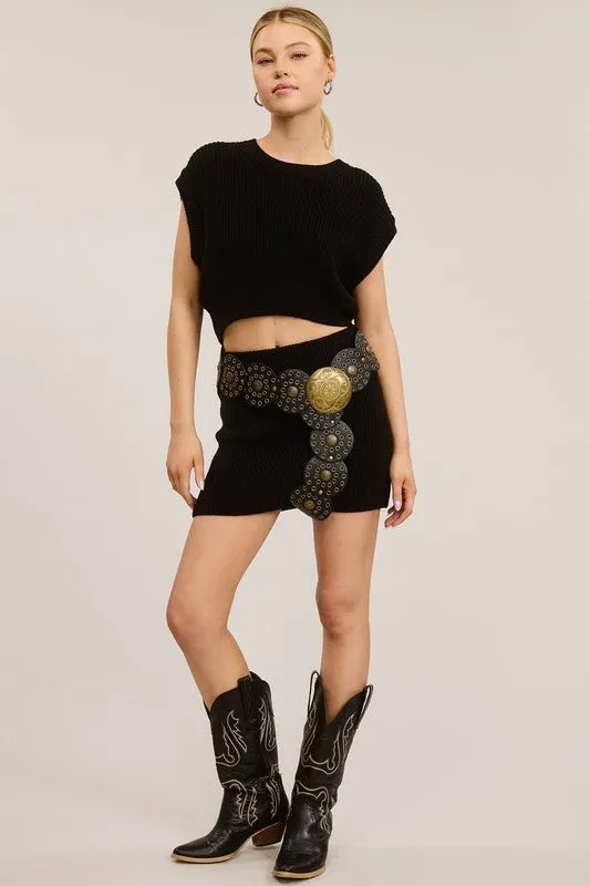 Black Ribbed Knit Sweater Skirt Set