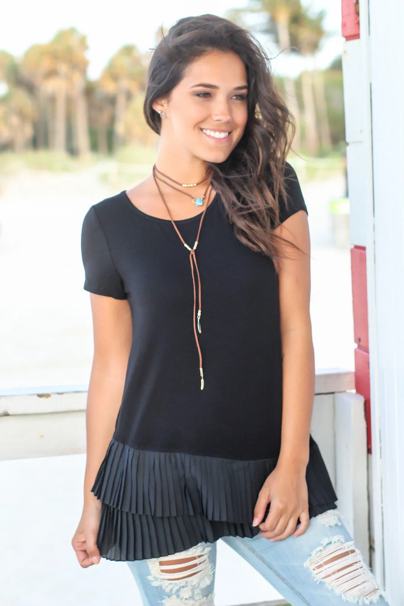 Black Short Sleeve Top with Pleated Hem