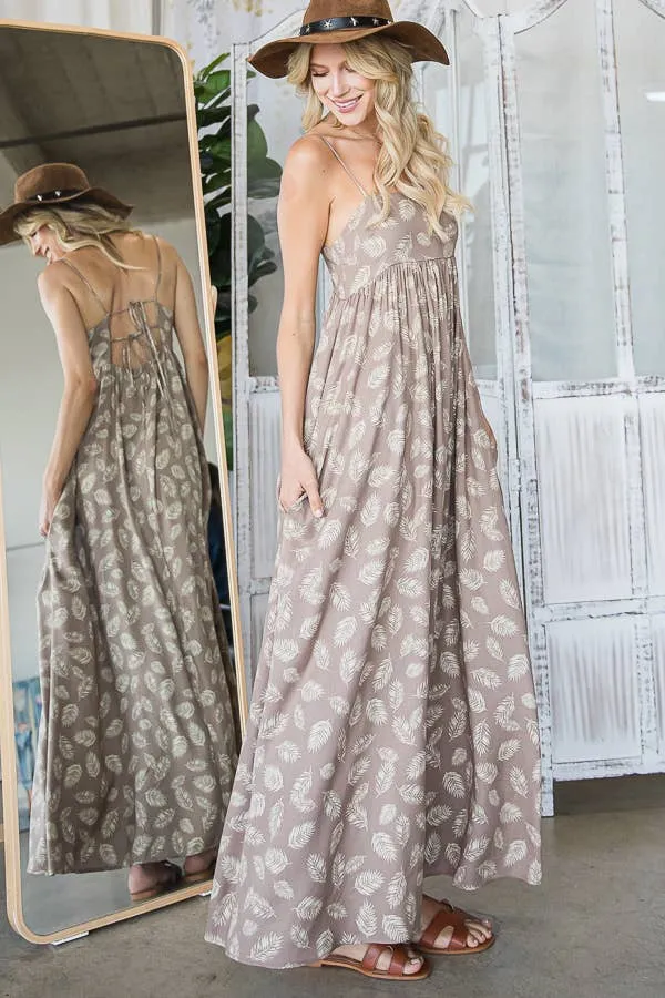 Bucketlist Tie Back Feather Print Maxi Dress
