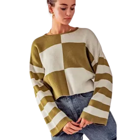 Checker Pattern Pullover Rib Knit Sweater - Green
