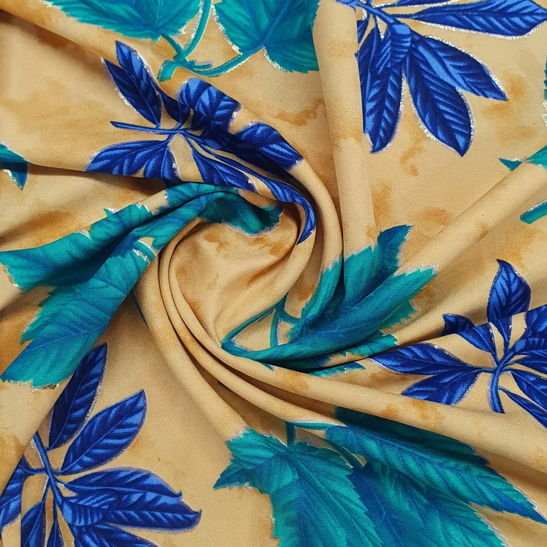 Cream Leaf With Foil Print Rayon Fabric