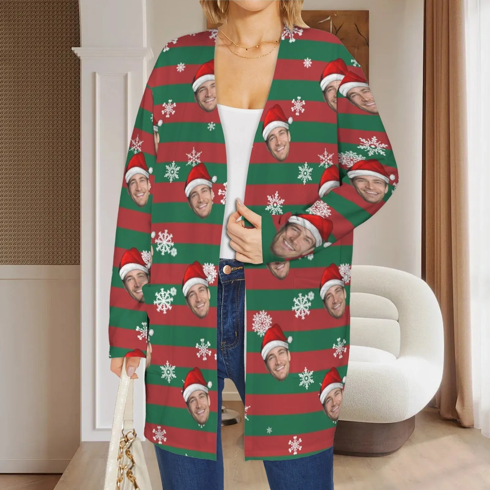 Custom Face Cardigan Ugly Christmas Red and Green Stripes Sweater Women's Long Sleeve Pocket Cardigan