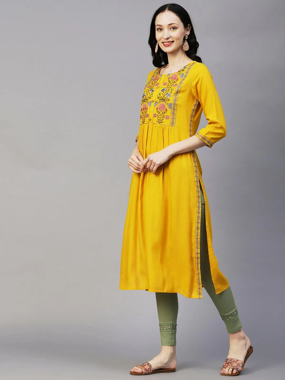 Floral Embroidered Straight Pleated Kurta - Yellow