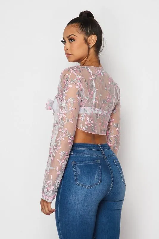 FLORAL MESH FRONT TIE CROPPED CARDIGAN