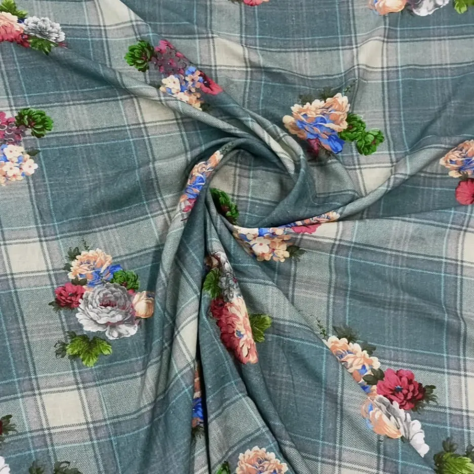 Green Floral Check Print Rayon Fabric