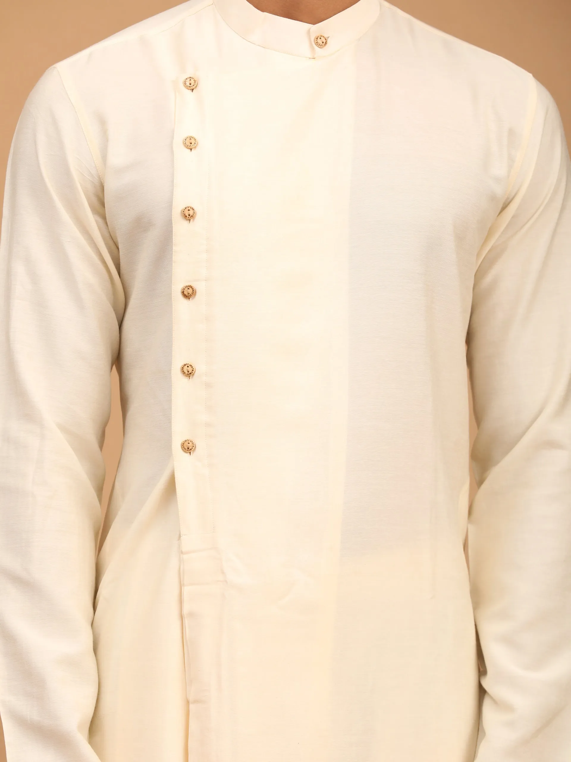 Jashvi Men's Cream Pleated Kurta And Churidar Set With Mirror Dupatta