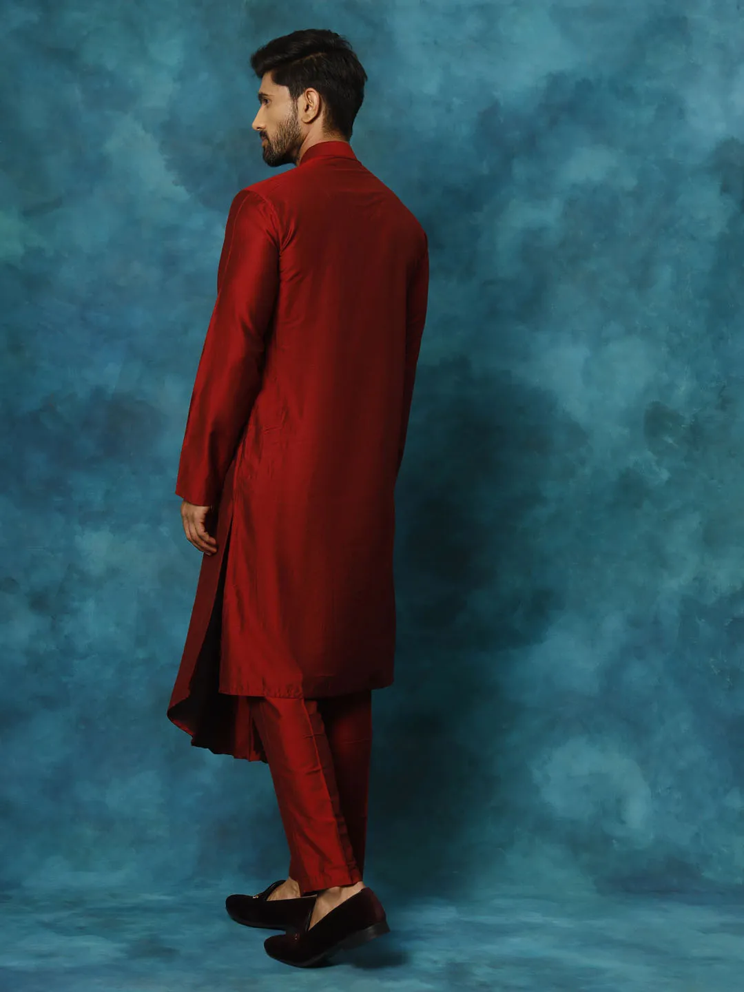Jashvi Men's Maroon Pleated Kurta