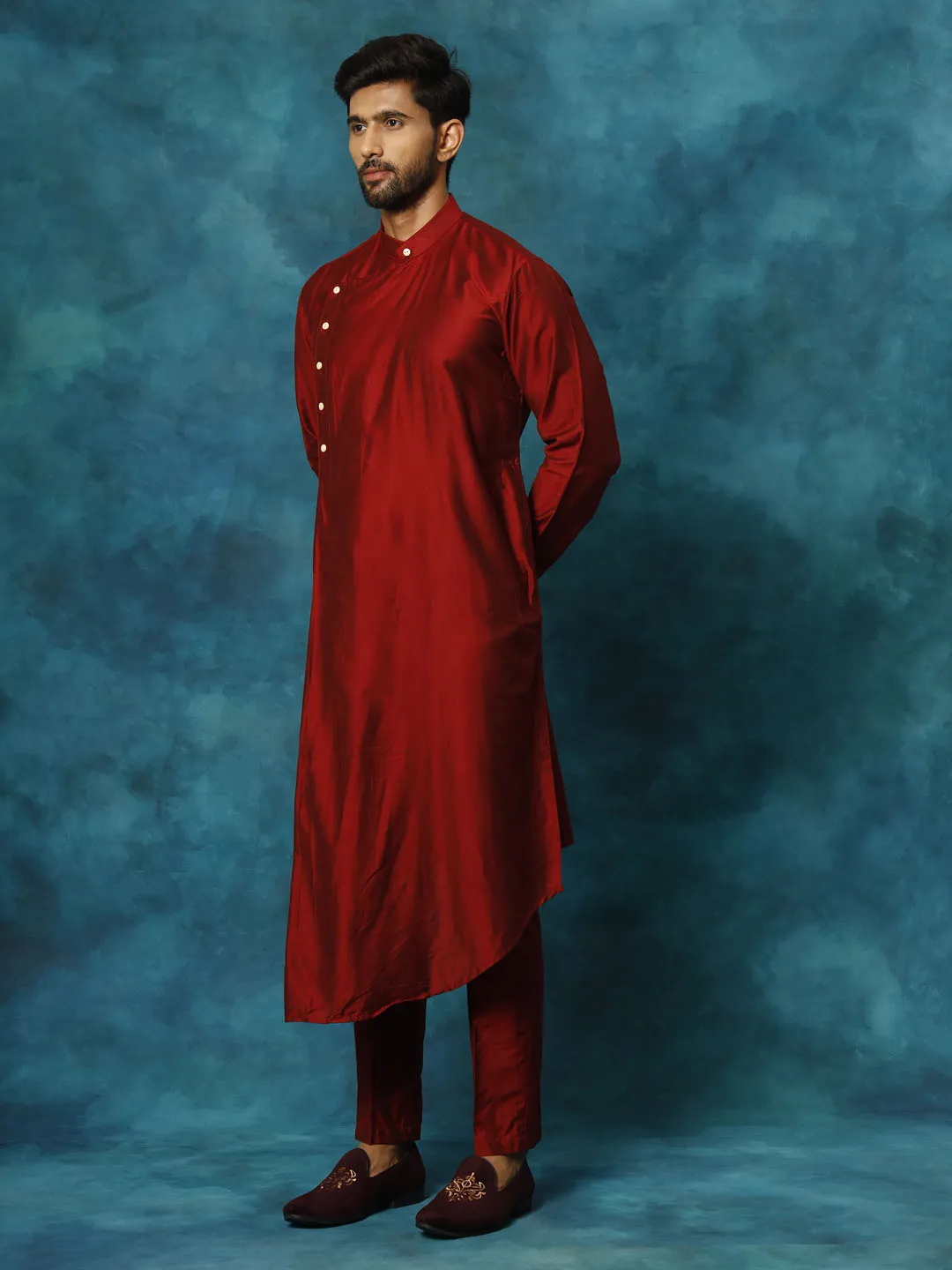 Jashvi Men's Maroon Pleated Kurta