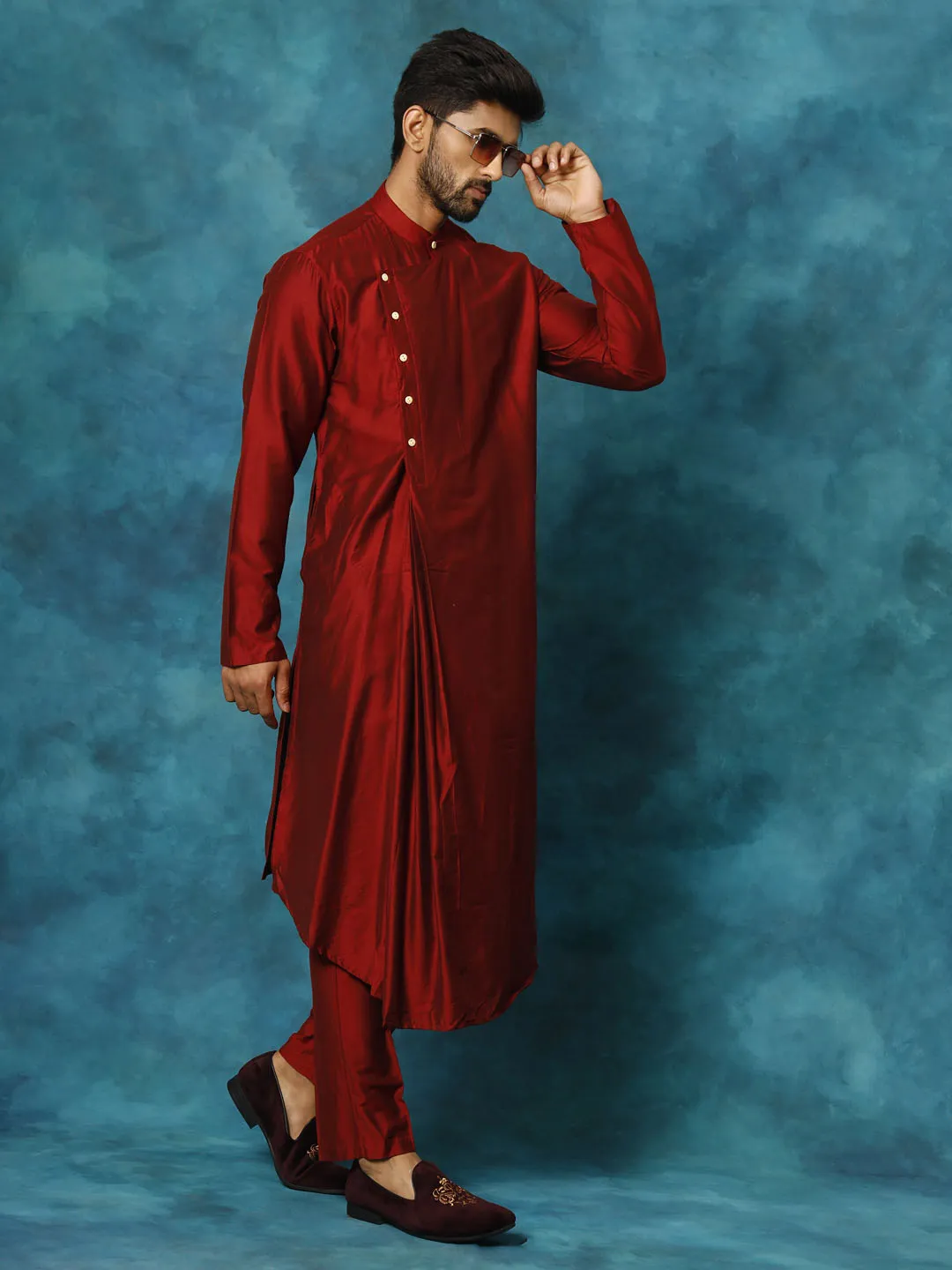 Jashvi Men's Maroon Pleated Kurta