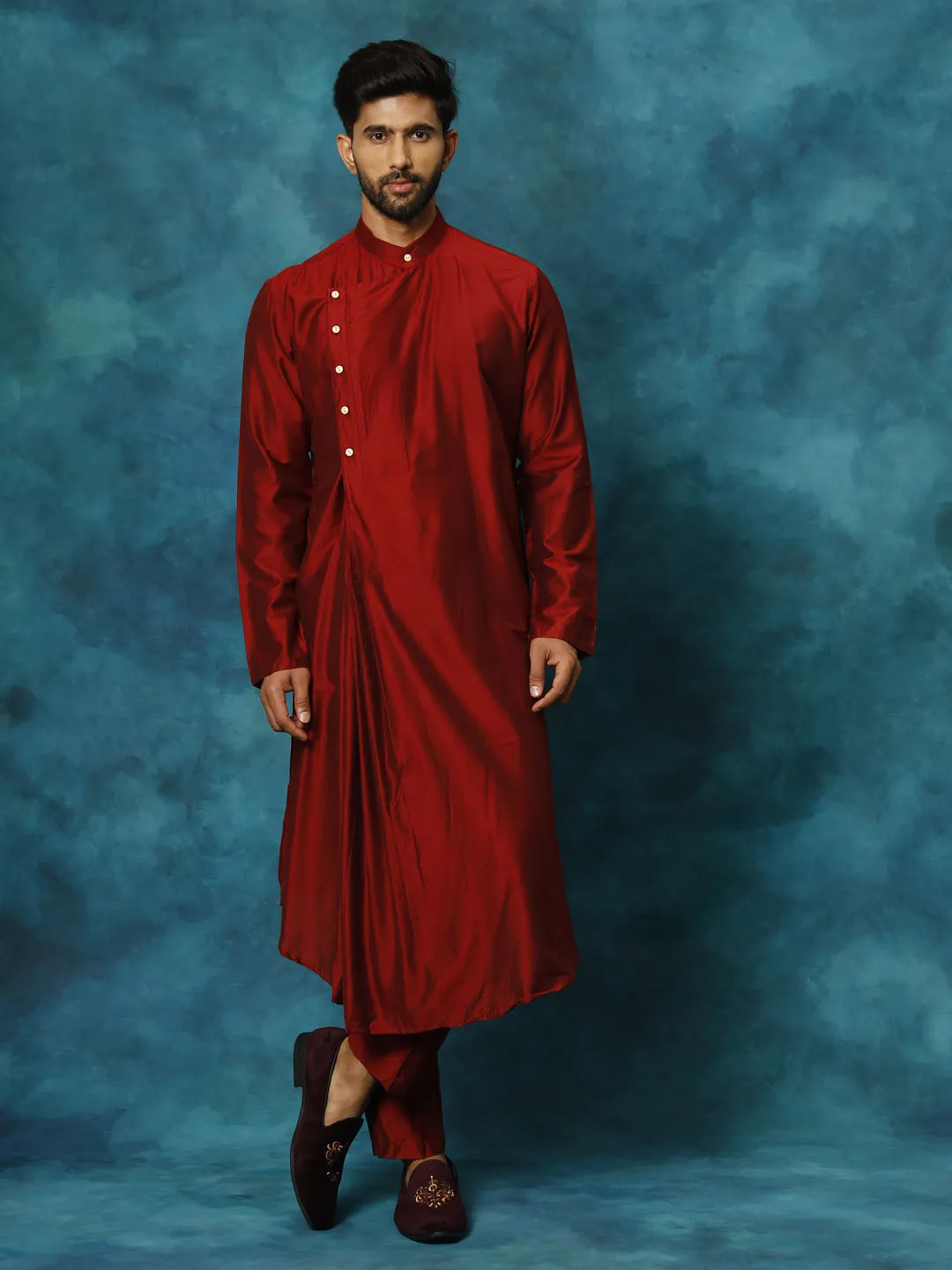 Jashvi Men's Maroon Pleated Kurta