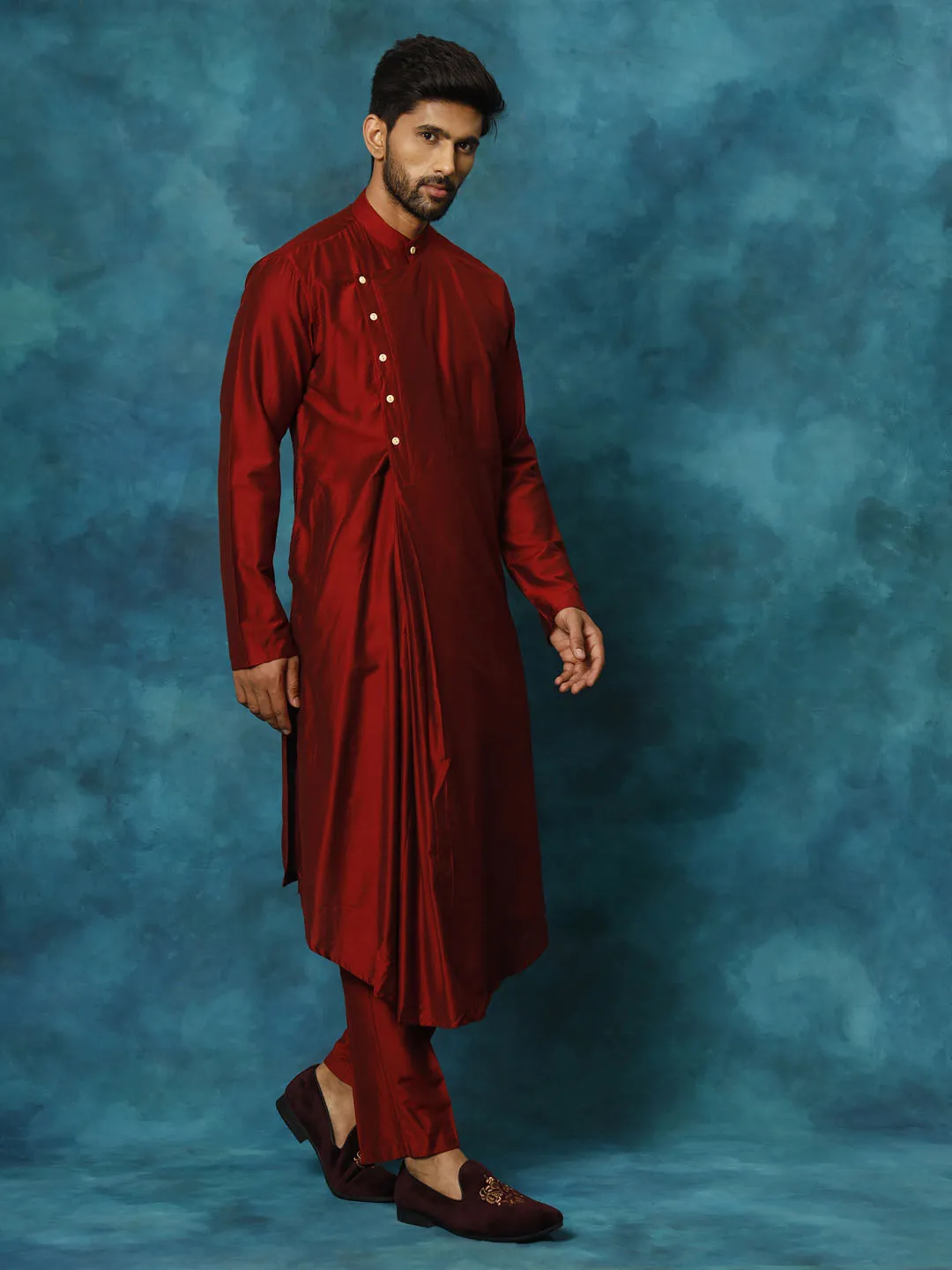Jashvi Men's Maroon Pleated Kurta