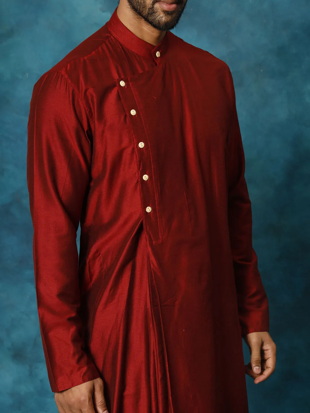 Jashvi Men's Maroon Pleated Kurta