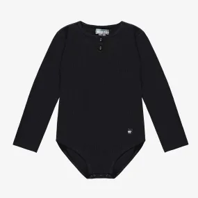 Justaucorps noir à manches longues en tricot côtelée extensible, enfant || Black bodysuit with long sleeves in stretch ribbed knit, child