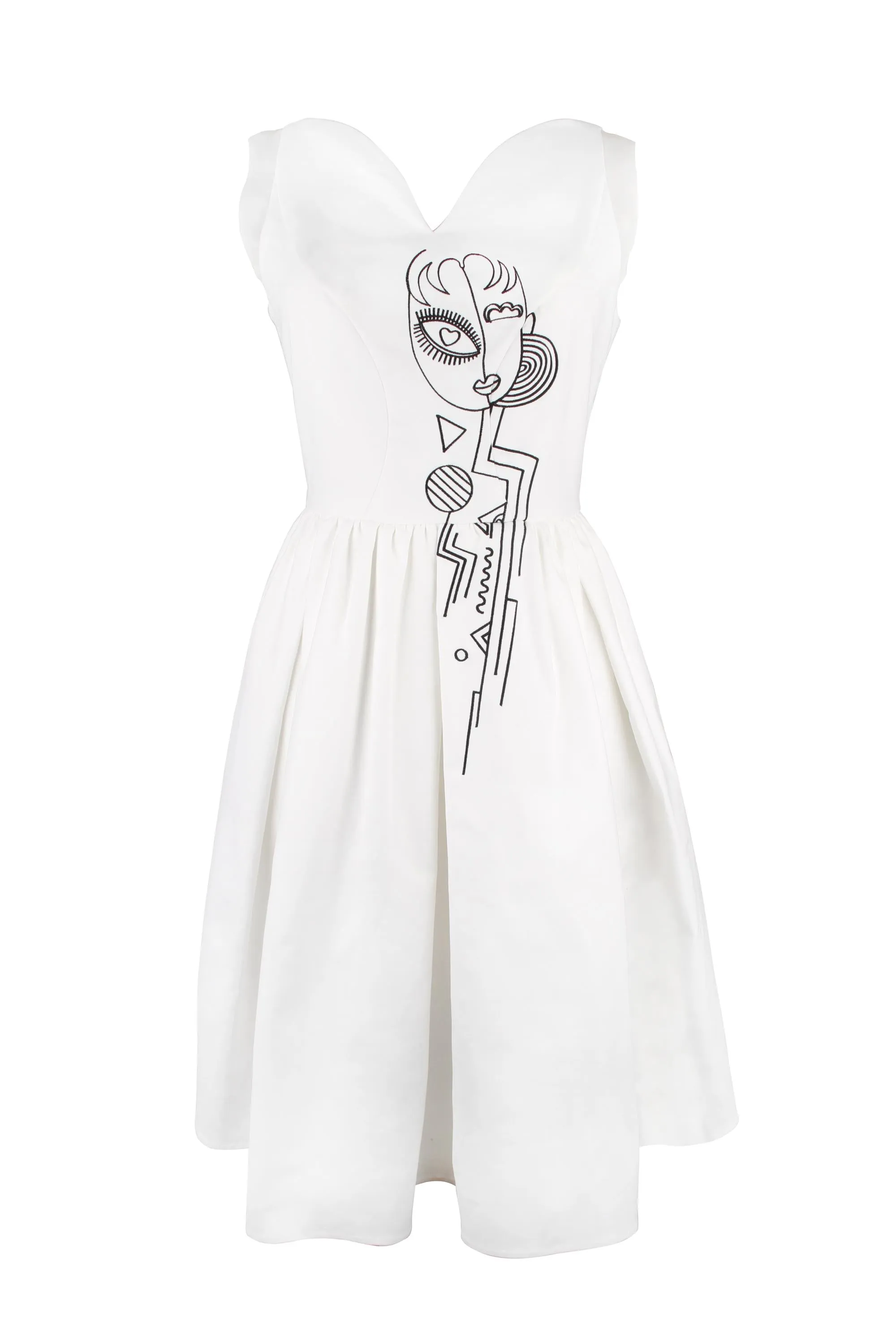 New heart-shaped collar silk embroidery sleeveless pleated full skirt white dress- Coale