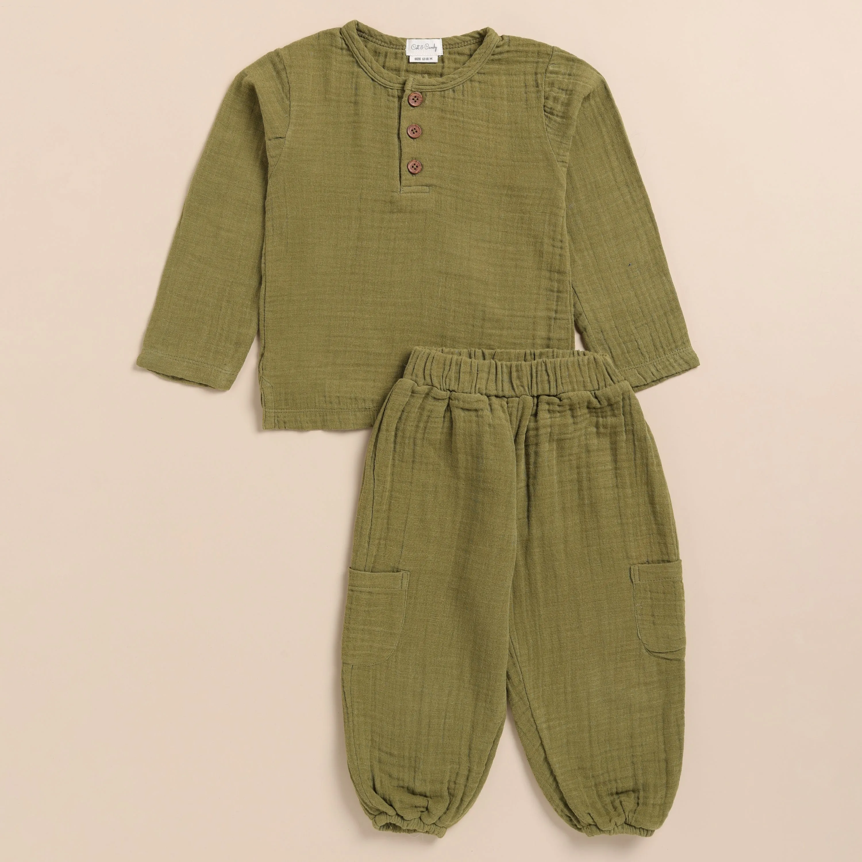 Olive Organic Muslin Long Sleeve Henley Tshirt With Lounge Pant Set