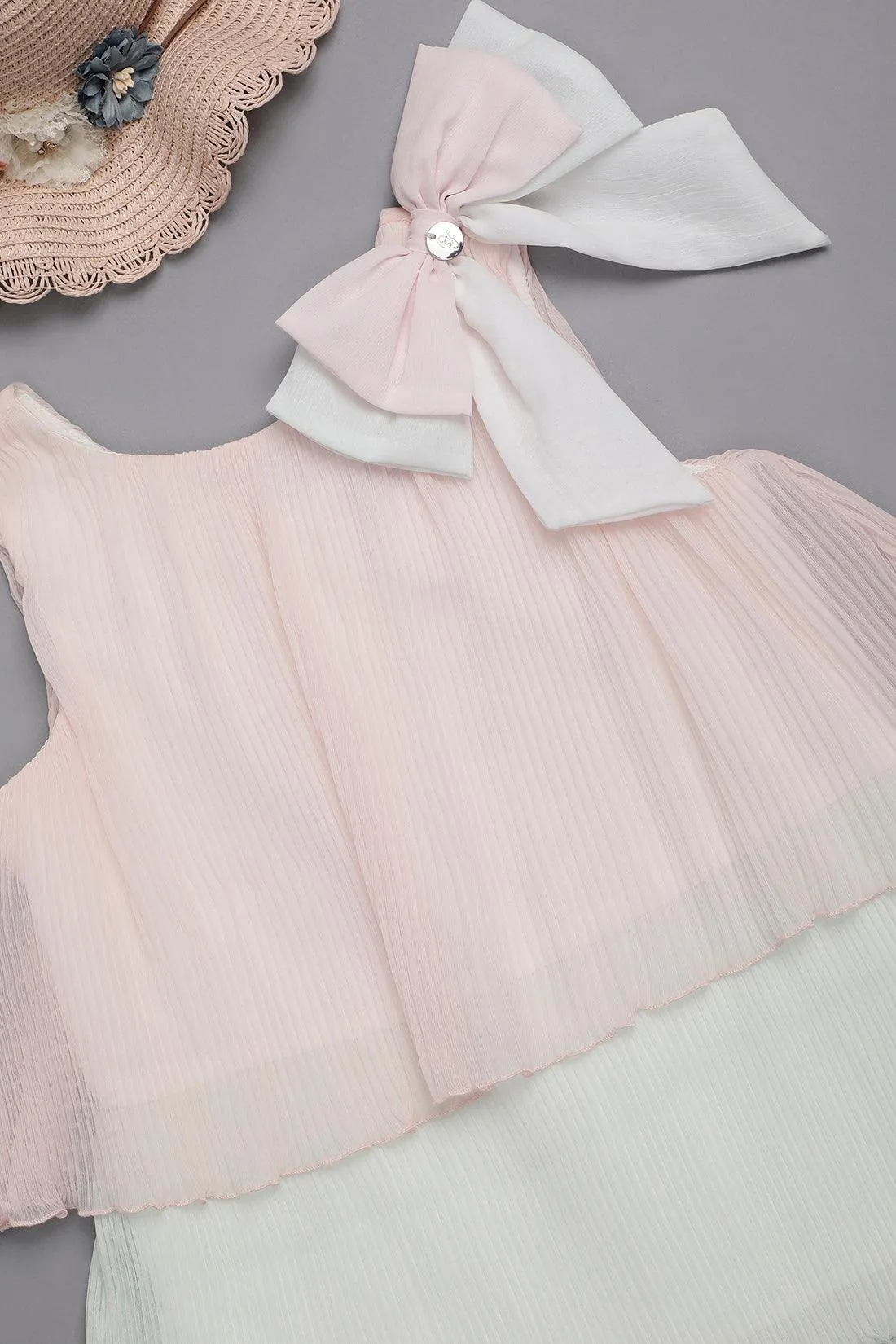 One Friday Kids Girls Pleated Layered Peach and White Sleeveless Dress