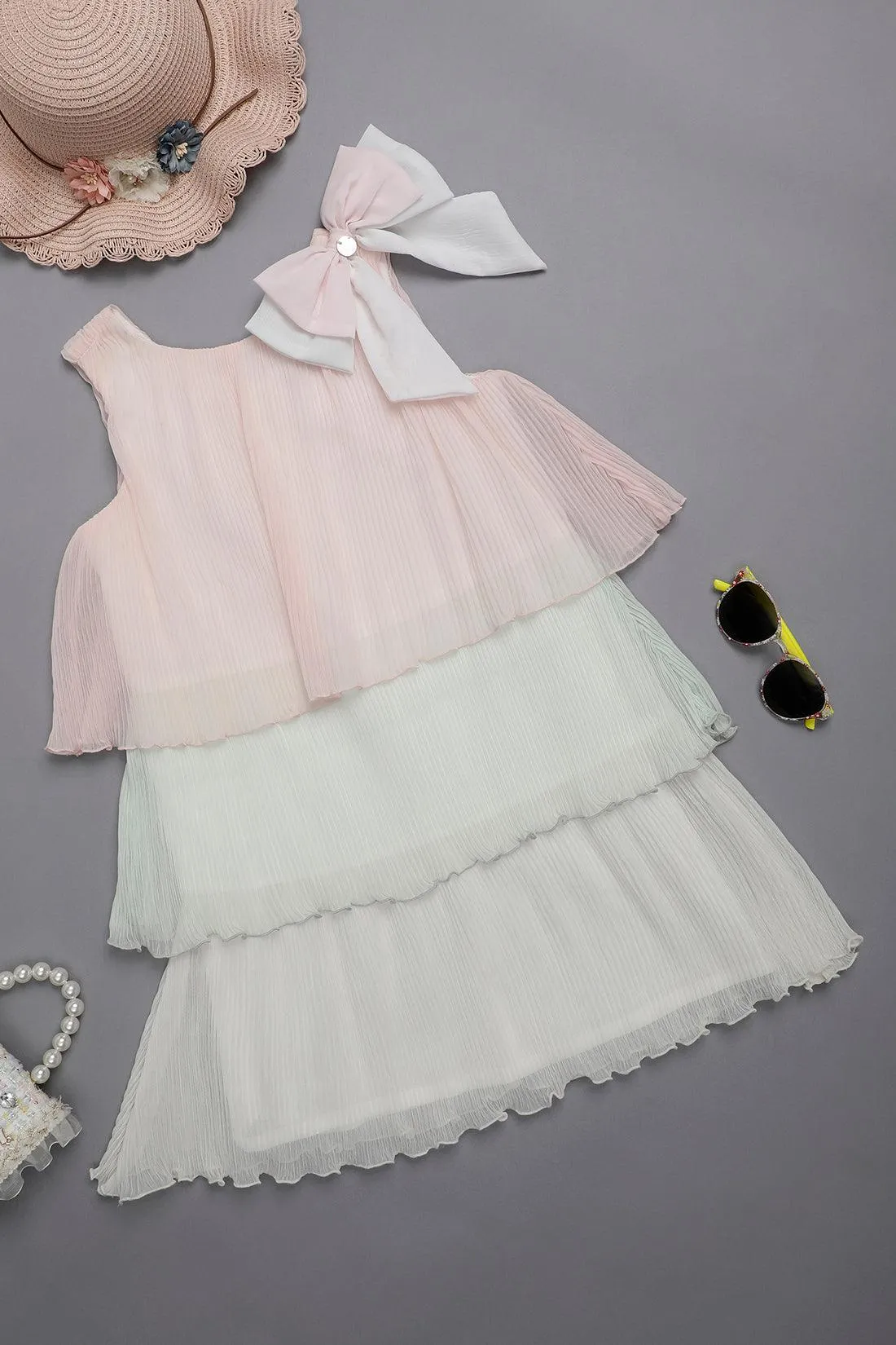 One Friday Kids Girls Pleated Layered Peach and White Sleeveless Dress