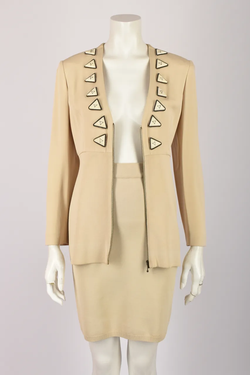 OZBEK CREAM SKIRT SUIT WITH TRIANGLE ATTACHMENTS