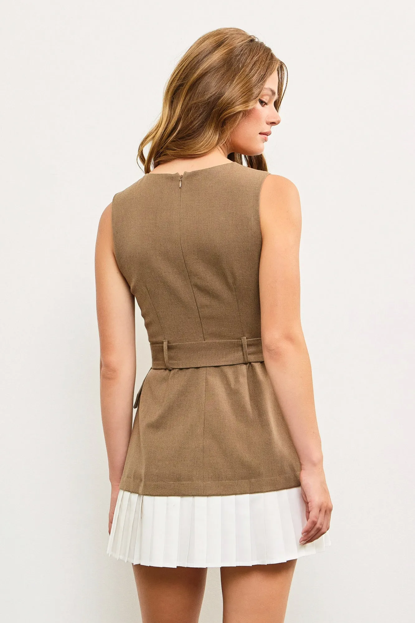 Pleated Hem Mocha Dress