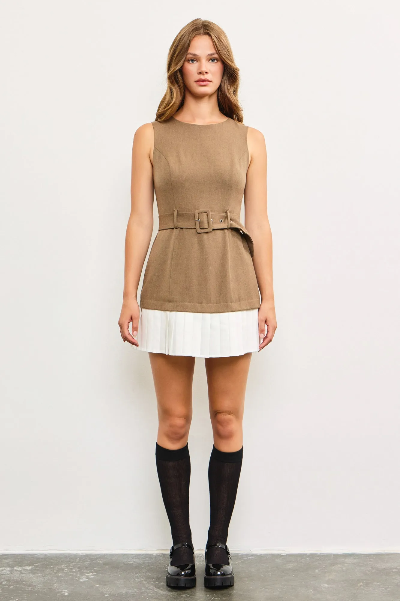 Pleated Hem Mocha Dress