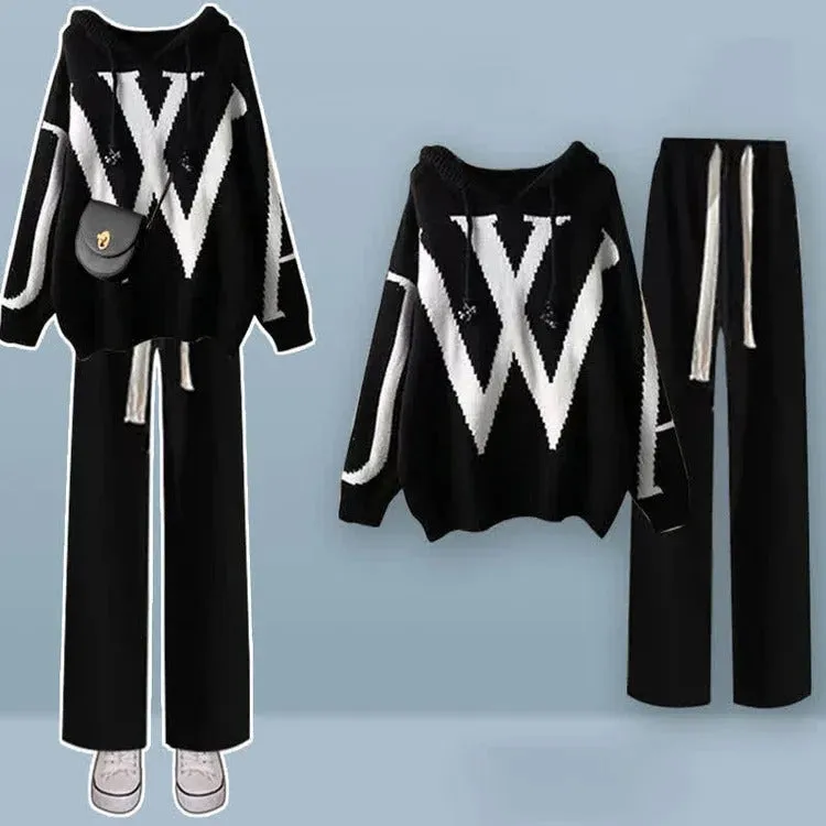 Preppy Letter Hooded Sweater Casual Pants Two Piece Set