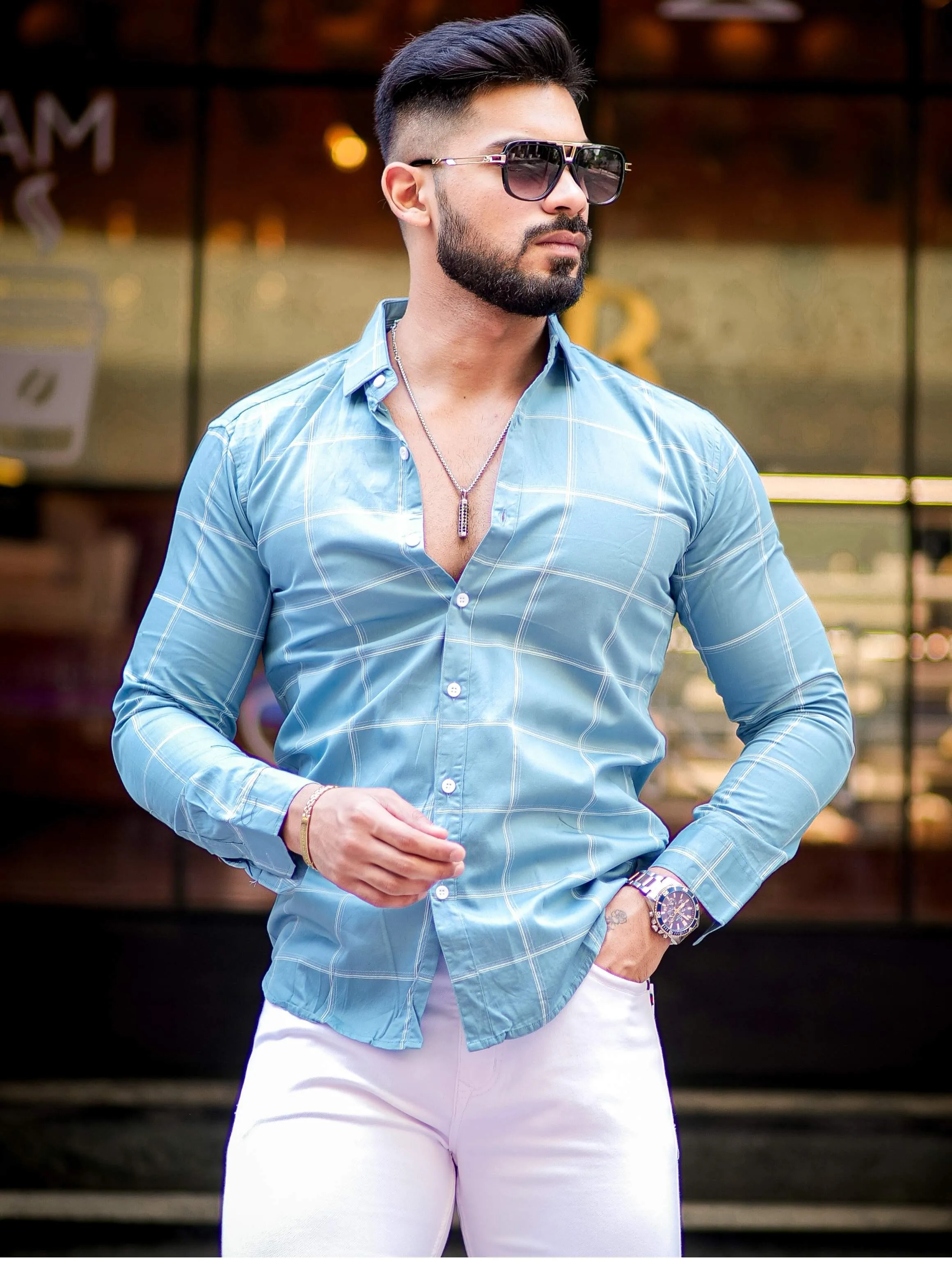 Sky Check Printed Cotton Shirt For Men's