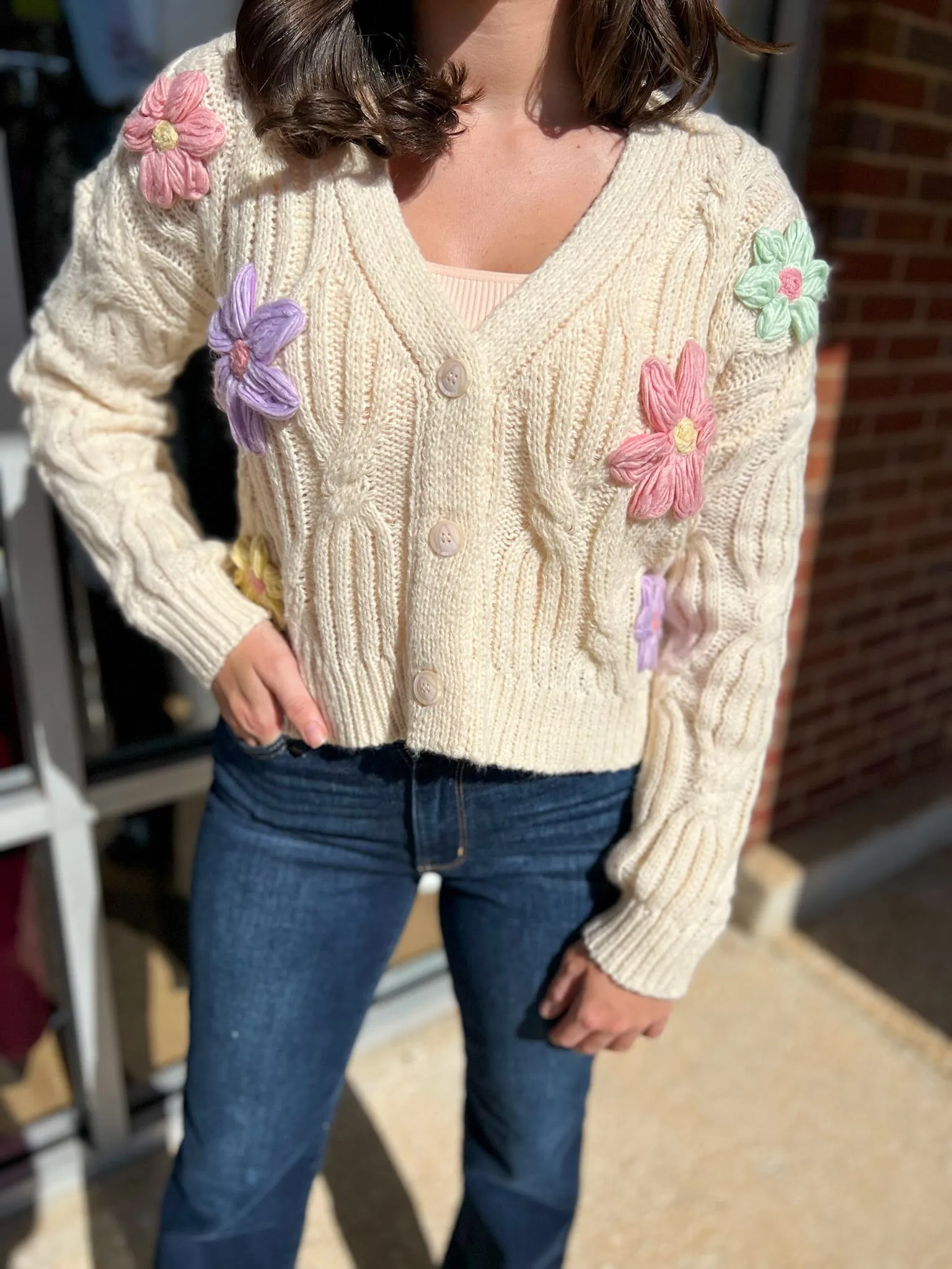 Stand Out Cream Cardigan with Pastel Applique Flowers