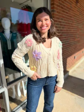 Stand Out Cream Cardigan with Pastel Applique Flowers