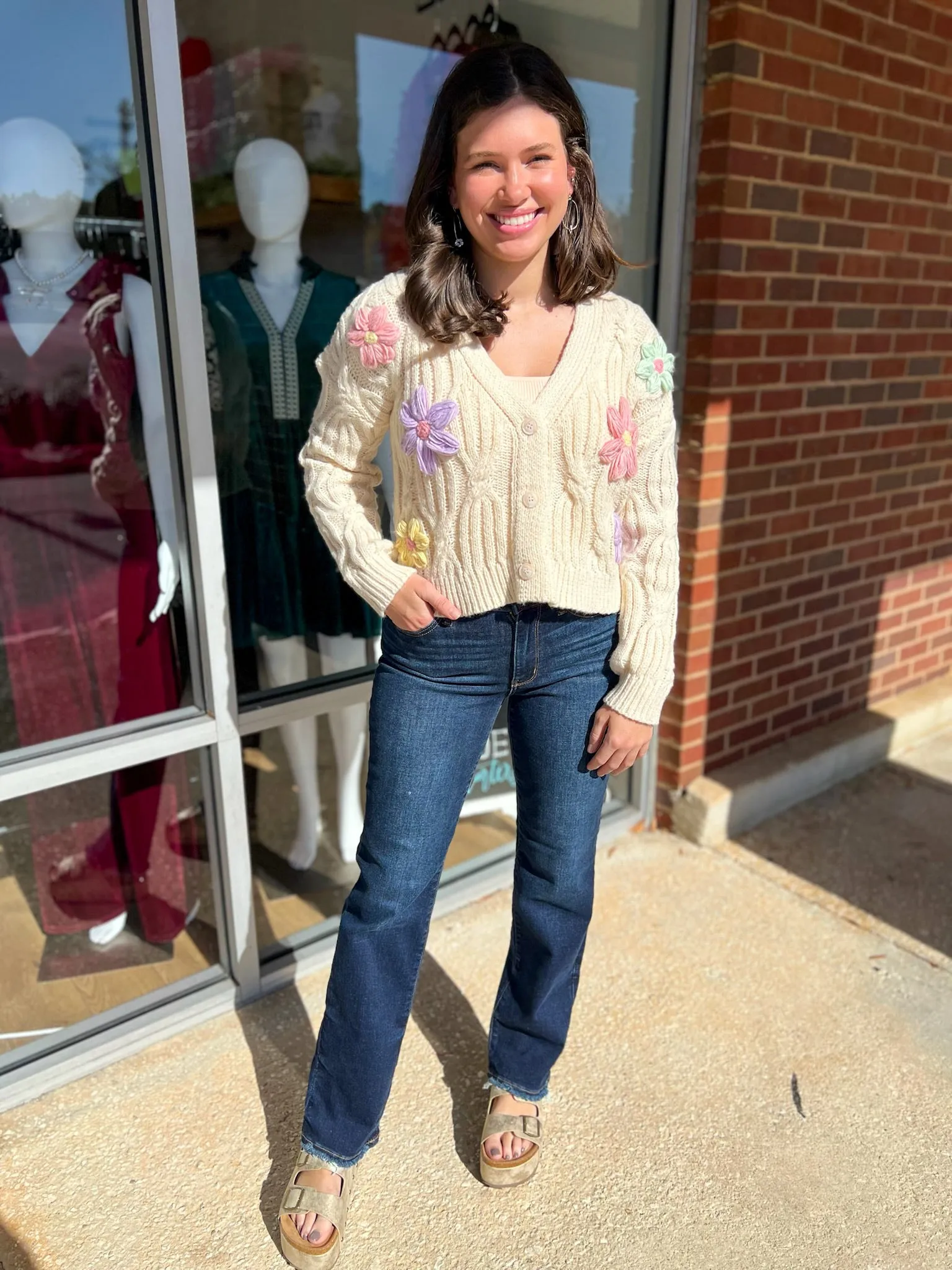 Stand Out Cream Cardigan with Pastel Applique Flowers