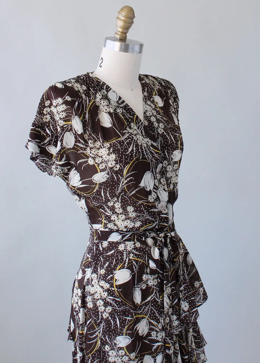 Vintage 1940s Brown Floral Rayon Ruffle Dress