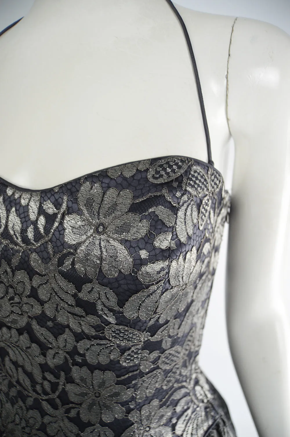 Vintage Silver Lace & Lamé Full Skirt Evening Gown