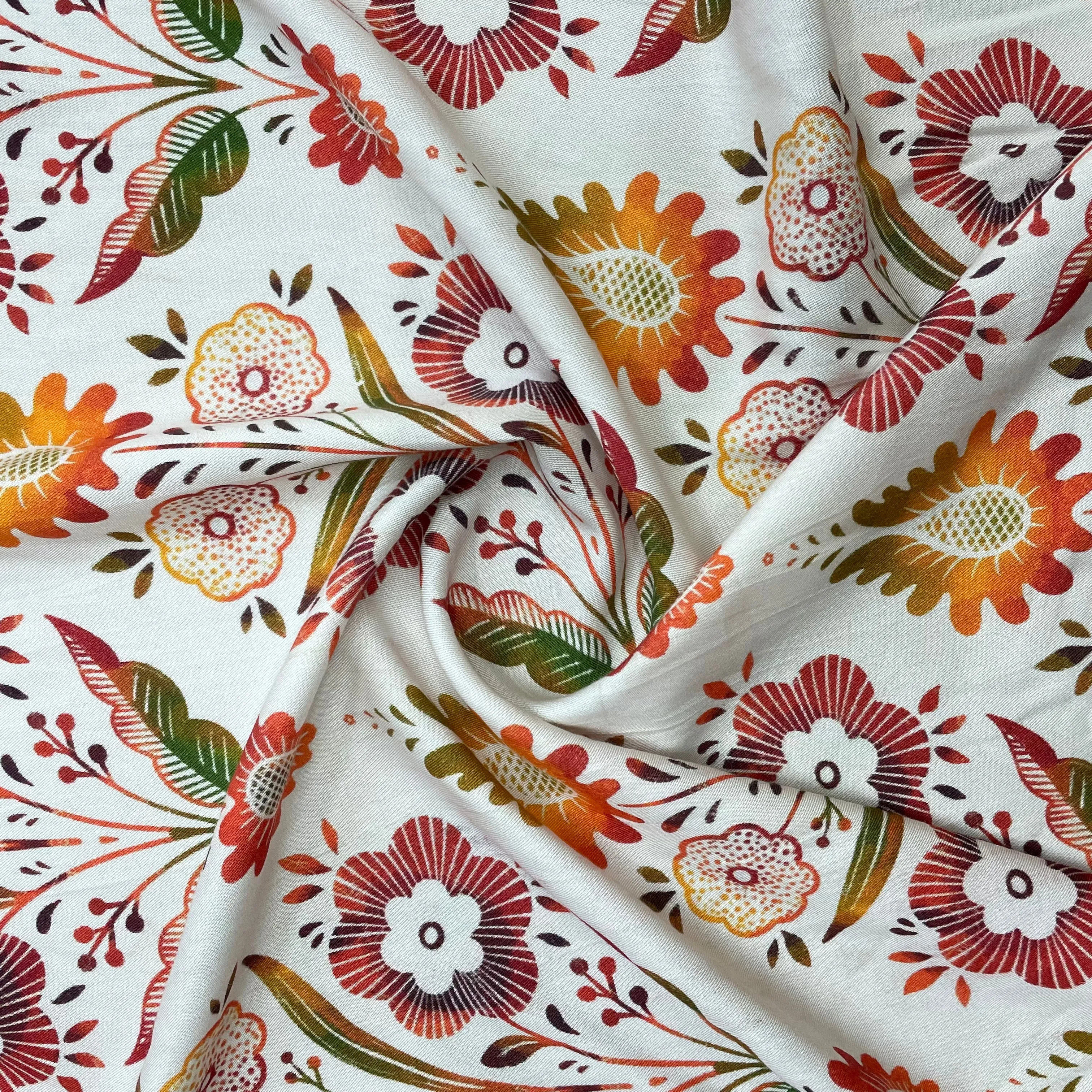 White Floral Print Rayon Fabric