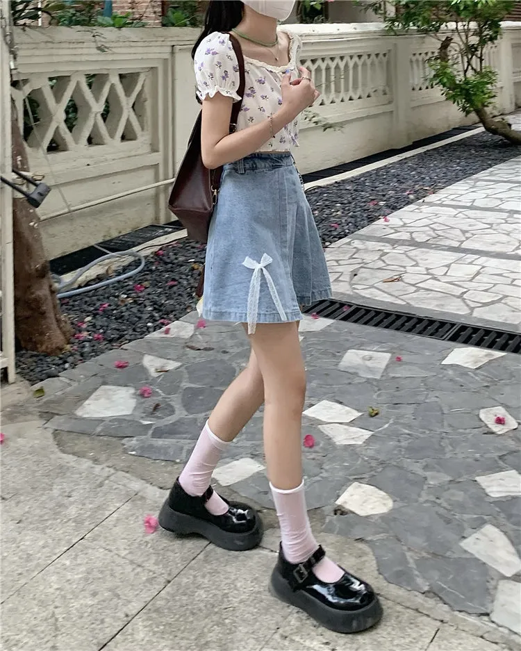 White Ribbon High Waist Pleated Denim Mini Skirt