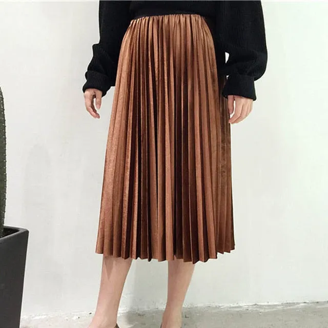 Women Long Metallic Silver Maxi Pleated Skirt