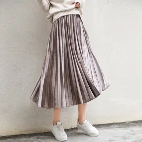 Women Long Metallic Silver Maxi Pleated Skirt
